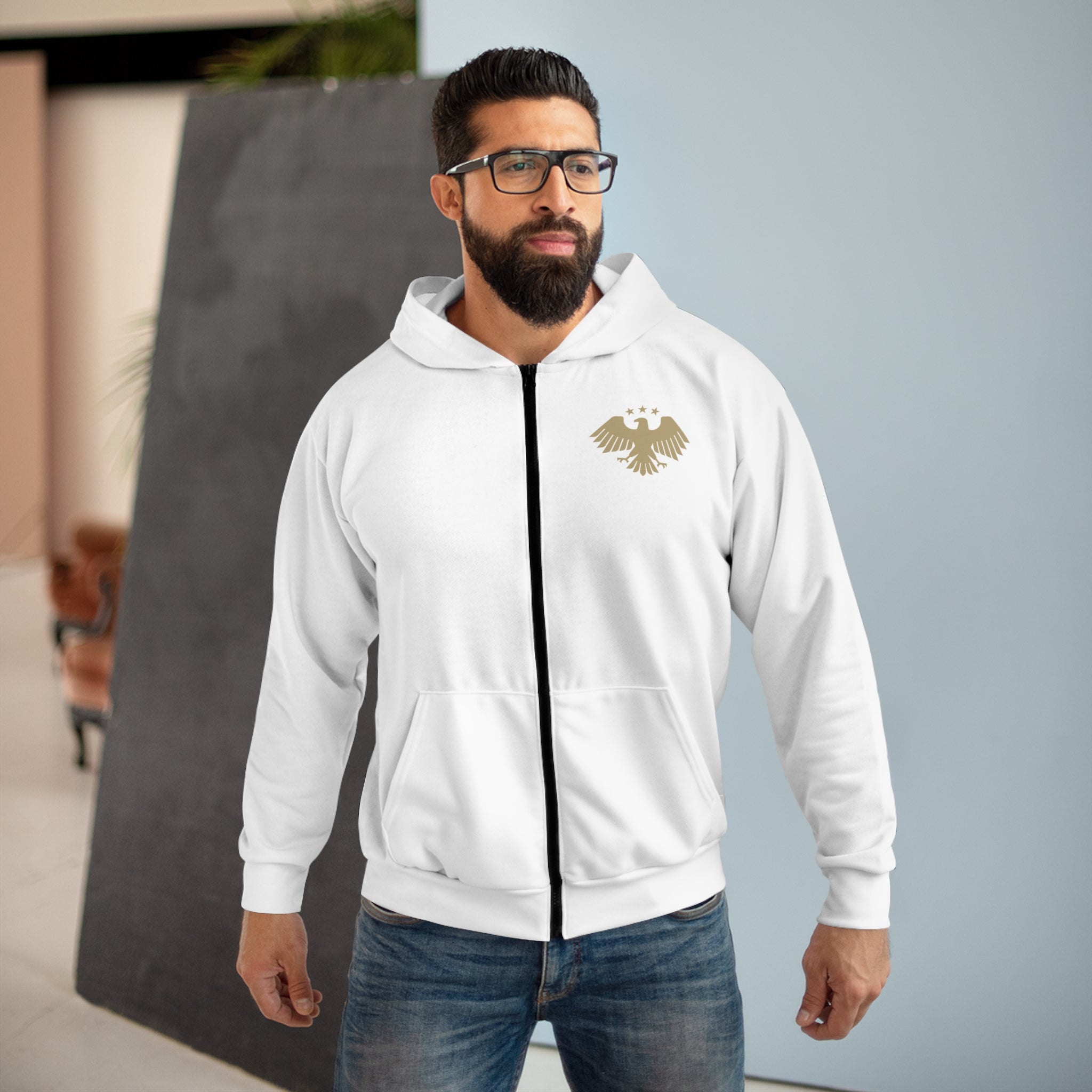 Eagle Emblem Unisex Zip Hoodie, Casual Outerwear, Gift for Nature Lovers, Fall Fashion, Sportswear